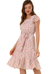 Floral Chiffon Flutter Sleeve Belted Square Neck Ruffled Hem Dress