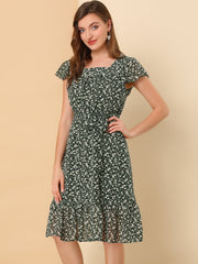 Floral Chiffon Flutter Sleeve Belted Square Neck Ruffled Hem Dress