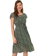 Floral Chiffon Flutter Sleeve Belted Square Neck Ruffled Hem Dress