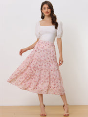 Ruffle Boho Chiffon Floral Printed Long Tiered Midi Skirt