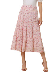 Ruffle Boho Chiffon Floral Printed Long Tiered Midi Skirt