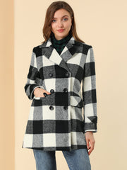 Buffalo Checks Double Breasted Notched Lapel Plaid Trench Pea Coat