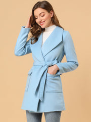 Shawl Collar Lapel Double Breasted Winter Belted Coat with Pockets