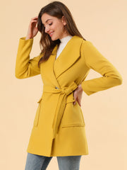 Shawl Collar Lapel Double Breasted Winter Belted Coat with Pockets