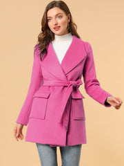 Shawl Collar Lapel Double Breasted Winter Belted Coat with Pockets