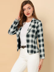 Business Casual Open Front Notch Lapel Plaid Suit Blazer