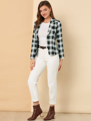 Business Casual Open Front Notch Lapel Plaid Suit Blazer