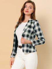 Business Casual Open Front Notch Lapel Plaid Suit Blazer