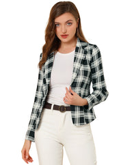 Business Casual Open Front Notch Lapel Plaid Suit Blazer