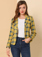 Business Casual Open Front Notch Lapel Plaid Suit Blazer