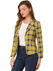 Business Casual Open Front Notch Lapel Plaid Suit Blazer