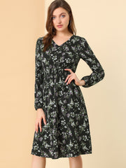 Floral Print V-Neck Long Sleeve Smocked Waist Midi Dress