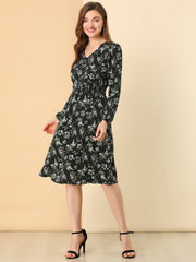 Floral Print V-Neck Long Sleeve Smocked Waist Midi Dress