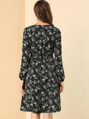 Floral Print V-Neck Long Sleeve Smocked Waist Midi Dress