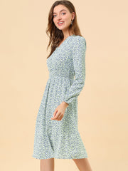 Floral Print V-Neck Long Sleeve Smocked Waist Midi Dress