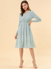Floral Print V-Neck Long Sleeve Smocked Waist Midi Dress