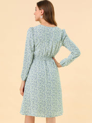 Floral Print V-Neck Long Sleeve Smocked Waist Midi Dress