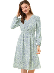 Floral Print V-Neck Long Sleeve Smocked Waist Midi Dress