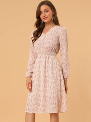 Floral Print V-Neck Long Sleeve Smocked Waist Midi Dress
