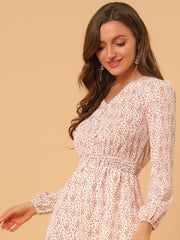 Floral Print V-Neck Long Sleeve Smocked Waist Midi Dress