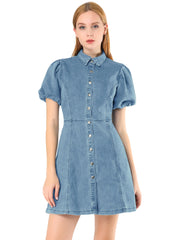Denim Puff Short Sleeve Collared Button Down Mini Dress