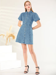 Denim Puff Short Sleeve Collared Button Down Mini Dress