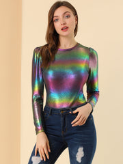 Long Sleeve Sparkly Party Glitter Shiny Metallic Blouse