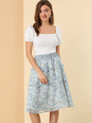 Floral Smocked Elastic Waist Knee Length Ruffle Tiered Skirt