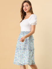 Floral Smocked Elastic Waist Knee Length Ruffle Tiered Skirt