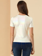 Glitter Metallic Short Sleeve Shiny Multicolor Blouse
