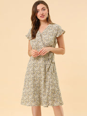 Ditsy Floral V Neck Ruffle Flutter Sleeve Midi Wrap Dress