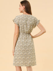 Ditsy Floral V Neck Ruffle Flutter Sleeve Midi Wrap Dress