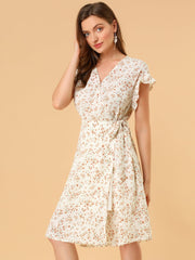 Ditsy Floral V Neck Ruffle Flutter Sleeve Midi Wrap Dress