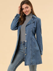 Notched Lapel Belted Trench Long Jean Denim Jacket