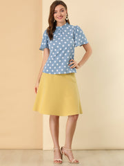 Polka Dots Stand Collar Pleat Keyhole Short Flare Sleeve Blouse
