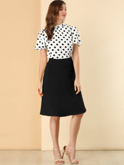 Polka Dots Stand Collar Pleat Keyhole Short Flare Sleeve Blouse