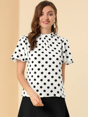 Polka Dots Stand Collar Pleat Keyhole Short Flare Sleeve Blouse