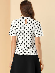 Polka Dots Stand Collar Pleat Keyhole Short Flare Sleeve Blouse