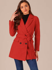 Notch Lapel Double Breasted Belted Mid Long Outwear Winter Coat