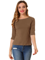 Casual Boat Neck 3/4 Sleeve Solid Basic T-shirt