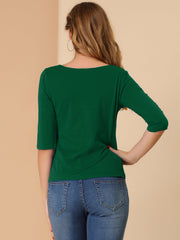 Casual Boat Neck 3/4 Sleeve Solid Basic T-shirt
