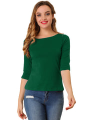 Casual Boat Neck 3/4 Sleeve Solid Basic T-shirt