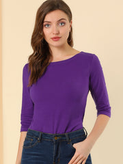 Casual Boat Neck 3/4 Sleeve Solid Basic T-shirt