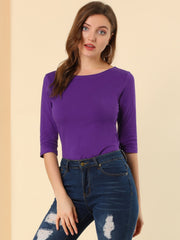 Casual Boat Neck 3/4 Sleeve Solid Basic T-shirt