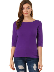 Casual Boat Neck 3/4 Sleeve Solid Basic T-shirt