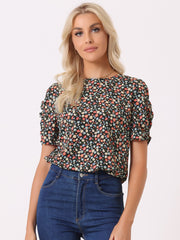 Floral Crew Neck Ruched Sleeve Casual Blouse