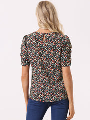 Floral Crew Neck Ruched Sleeve Casual Blouse