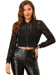 Stand Collar Zip Up Mesh Sheer Lace Crop Bomber Jacket