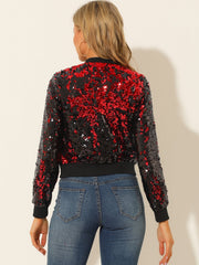Sequin Long Sleeve Zipper Up Collarless Glitter Bomber Jacket