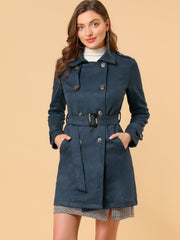 Notched Lapel Double Breasted Faux Suede Trench Coat Jacket with Belt